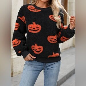 Fuzzy Pumpkin Round Neck Dropped Shoulder Sweater